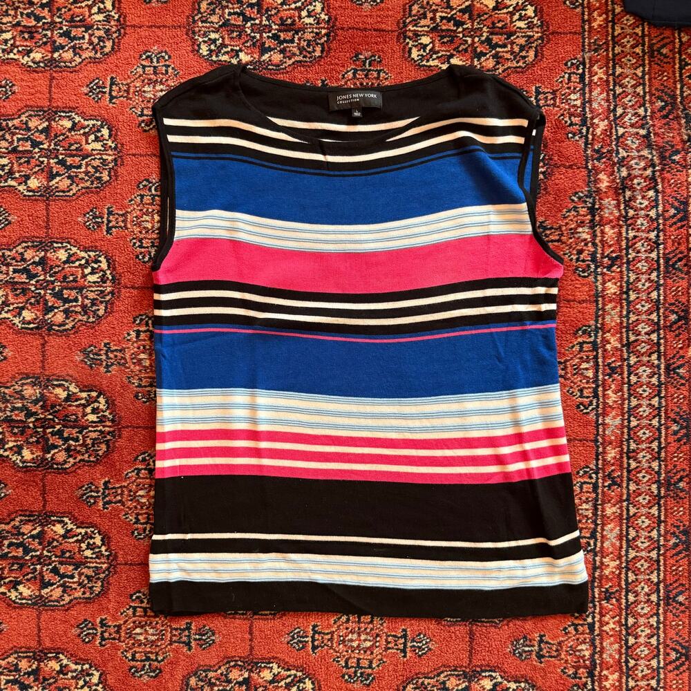 Jones New York Collection L Bright Stripes Sleeveless Fine Gauge Knit Top MINT